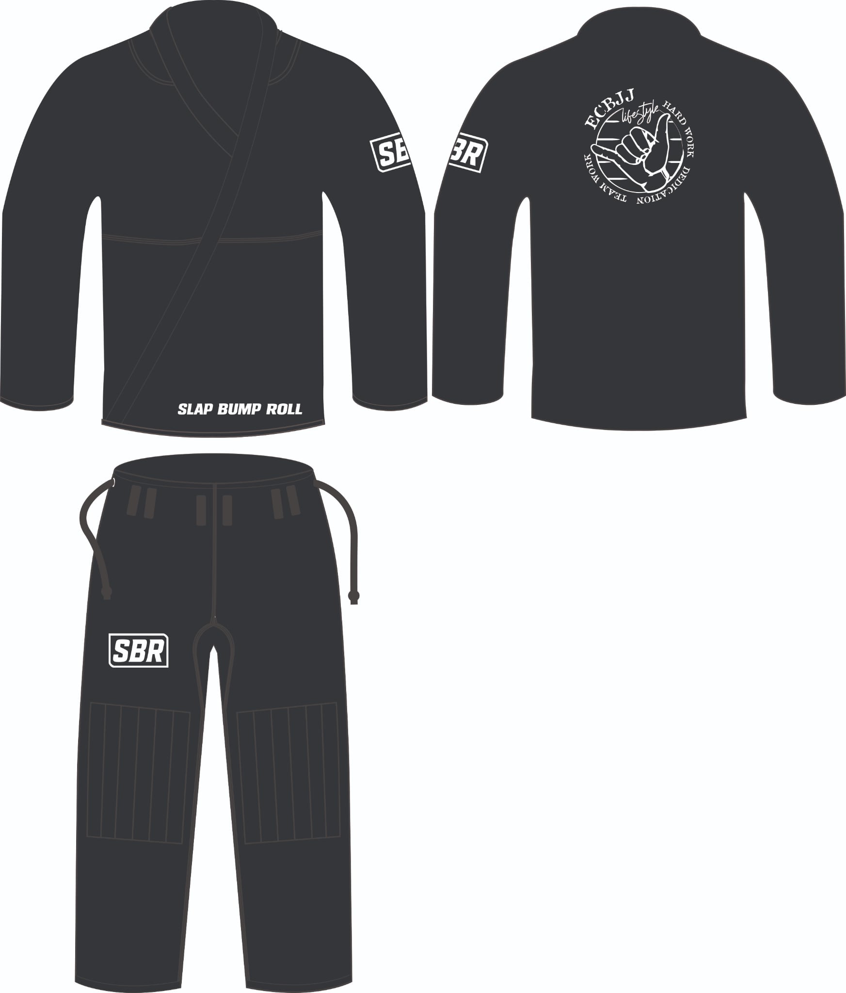 ECBJJ Gi by Slap Bump Roll in black, jacket front and back with ECBJJ circle logo and SBR patches, plus matching pants