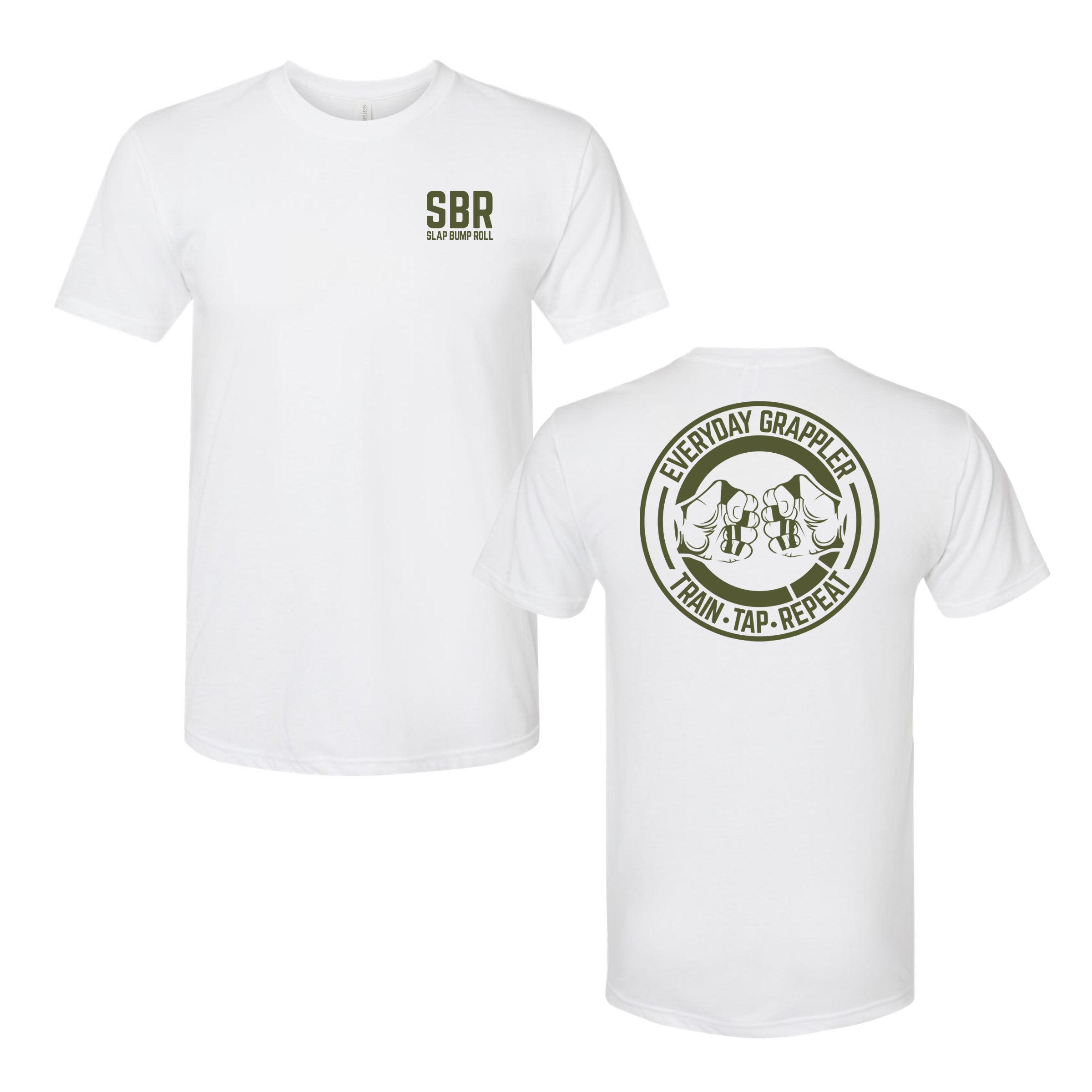 Everyday Grappler jiu jitsu tee in white, front green SBR mark and back EVERYDAY GRAPPLER fist-bump logo
