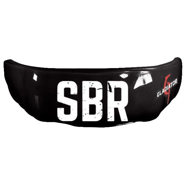 SBR BJJ Mouth Guard in black with white SBR print, boil-and-bite Gladiator mouthguard for grappling