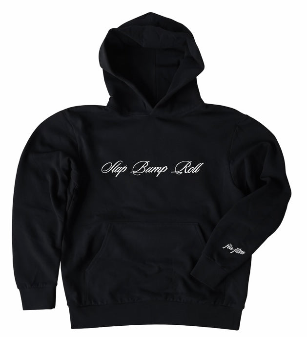 SBR Black Butter Hoodie in black with cursive Slap Bump Roll chest embroidery, premium 320gsm tri-blend fleece