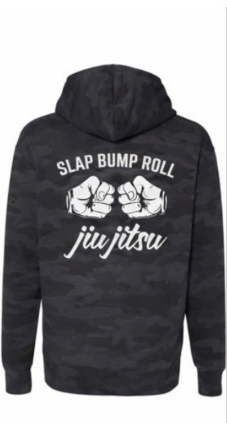 SBR Black Camo Hoodie back view with Slap Bump Roll fist bump graphic and jiu jitsu cursive script
