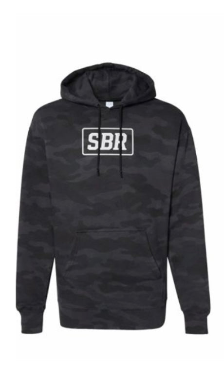 SBR Black Camo Fists Hoodie front view in dark camouflage with white SBR box logo on chest
