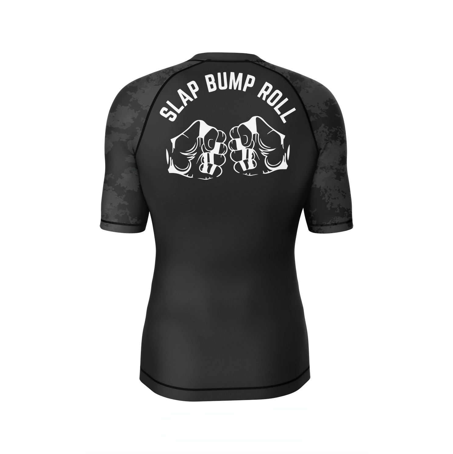 Back of SBR Blackout Rash Guard with SLAP BUMP ROLL fist bump graphic in white