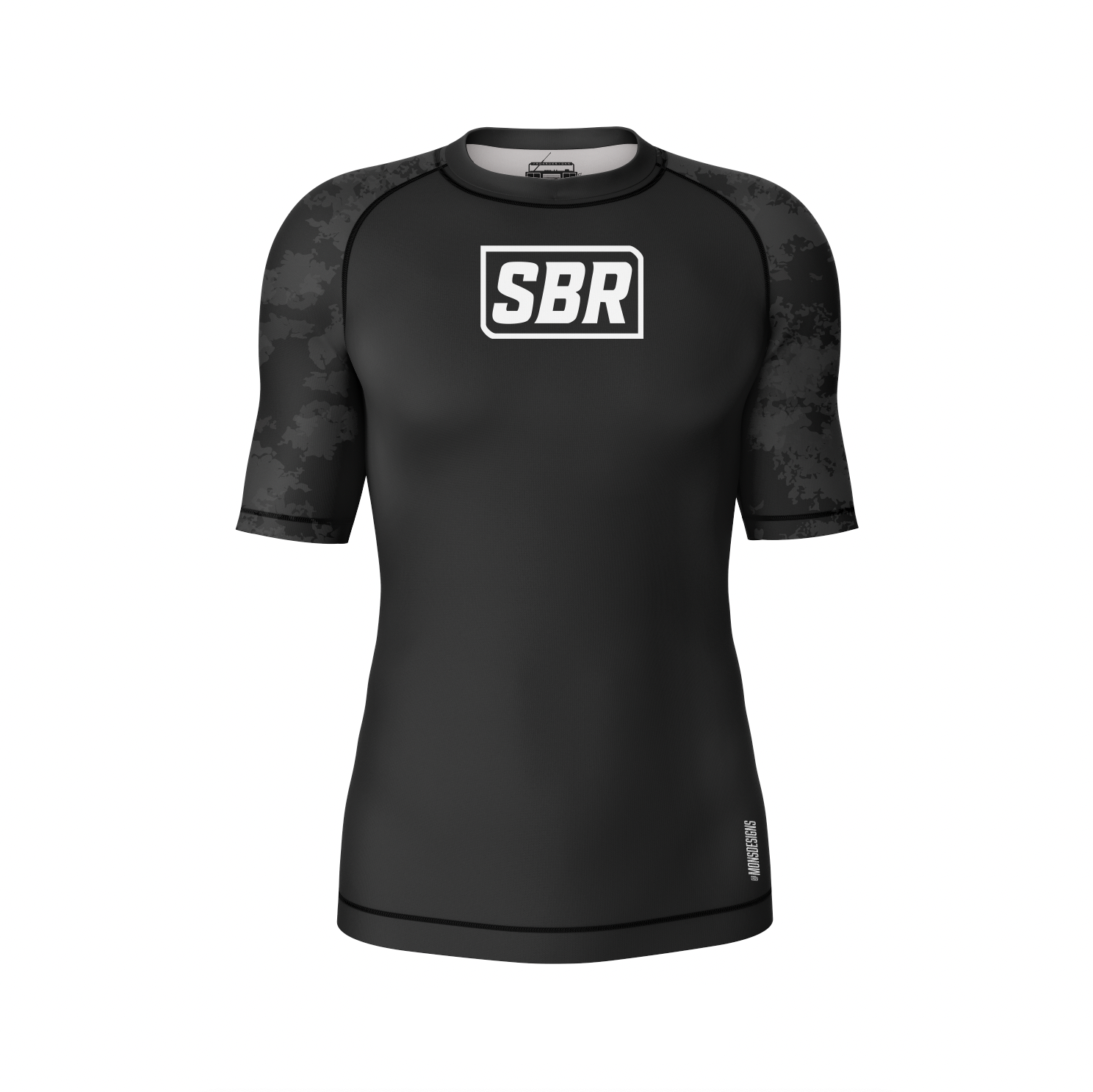 SBR Blackout Rash Guard front in black with white SBR box logo and dark camo sleeves, short sleeve BJJ rash guard