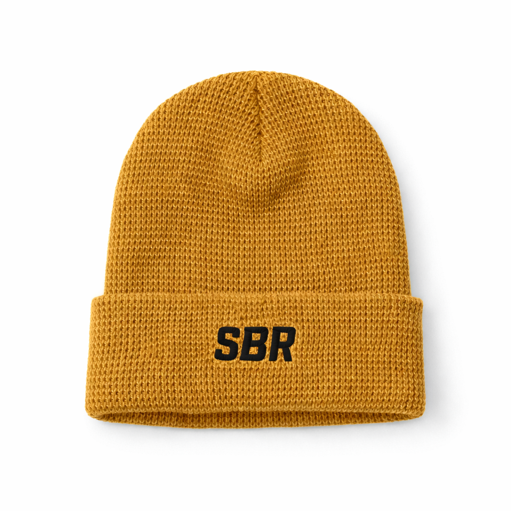 SBR Camel Waffle Beanie with embroidered black SBR logo, camel mustard waffle-knit by Richardson