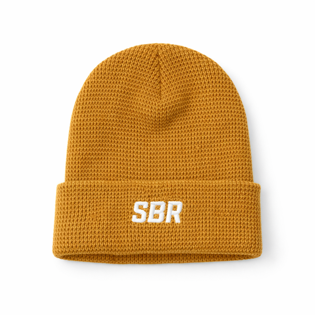 SBR Camel Waffle Beanie with embroidered white SBR logo, mustard camel acrylic waffle-knit construction