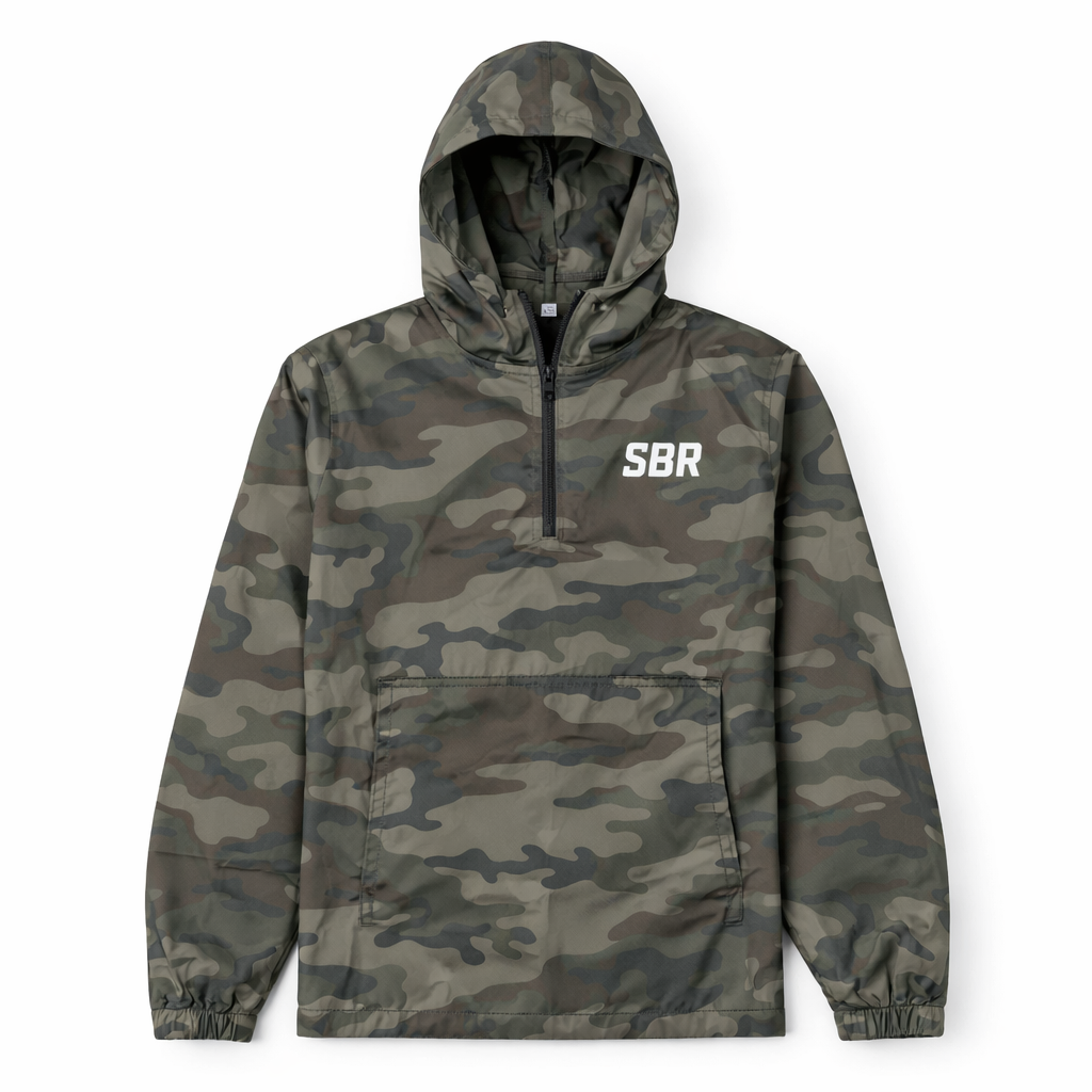 SBR Camo Water-Resistant Windbreaker front view, green camouflage pullover anorak with white SBR chest logo and adjustable hood