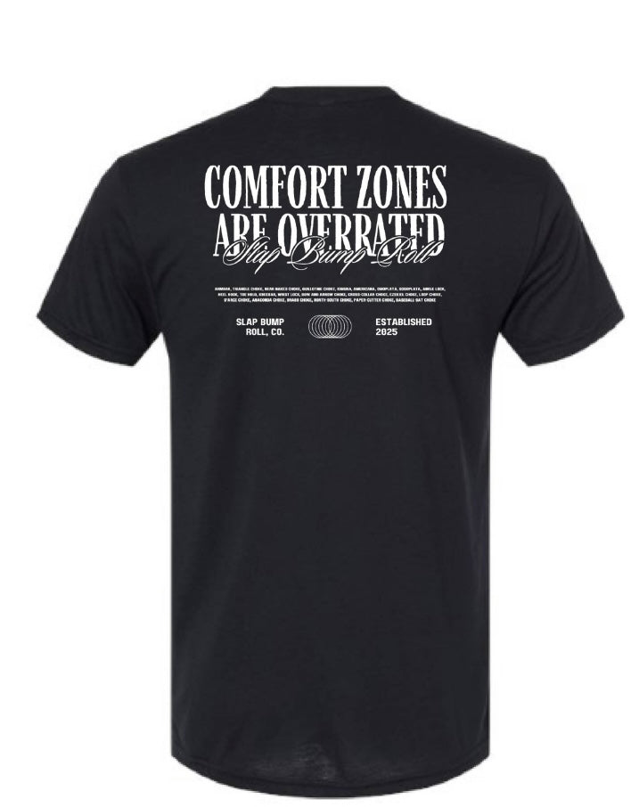 Back of SBR Comfort Zone Tee with Comfort Zones Are Overrated graphic and hidden jiu jitsu submissions list
