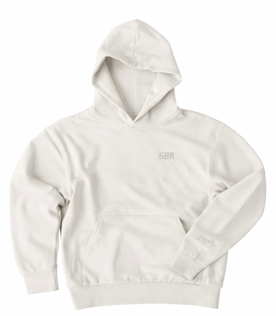 SBR Cream Butter Hoodie in cream tri-blend fleece with tonal SBR chest embroidery, premium 320gsm heavyweight construction