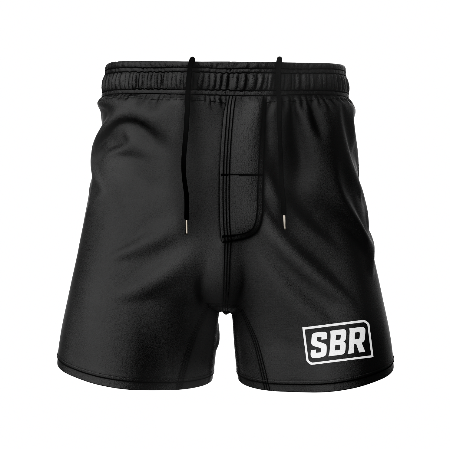 SBR Grappler Shorts in black with white SBR box logo, lightweight no-gi BJJ grappling shorts with velcro closure