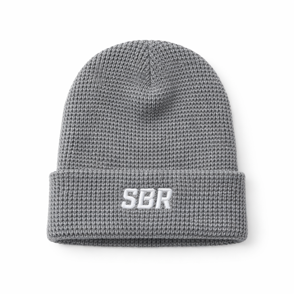 SBR Grey Waffle Beanie with embroidered white SBR logo, grey acrylic waffle-knit construction