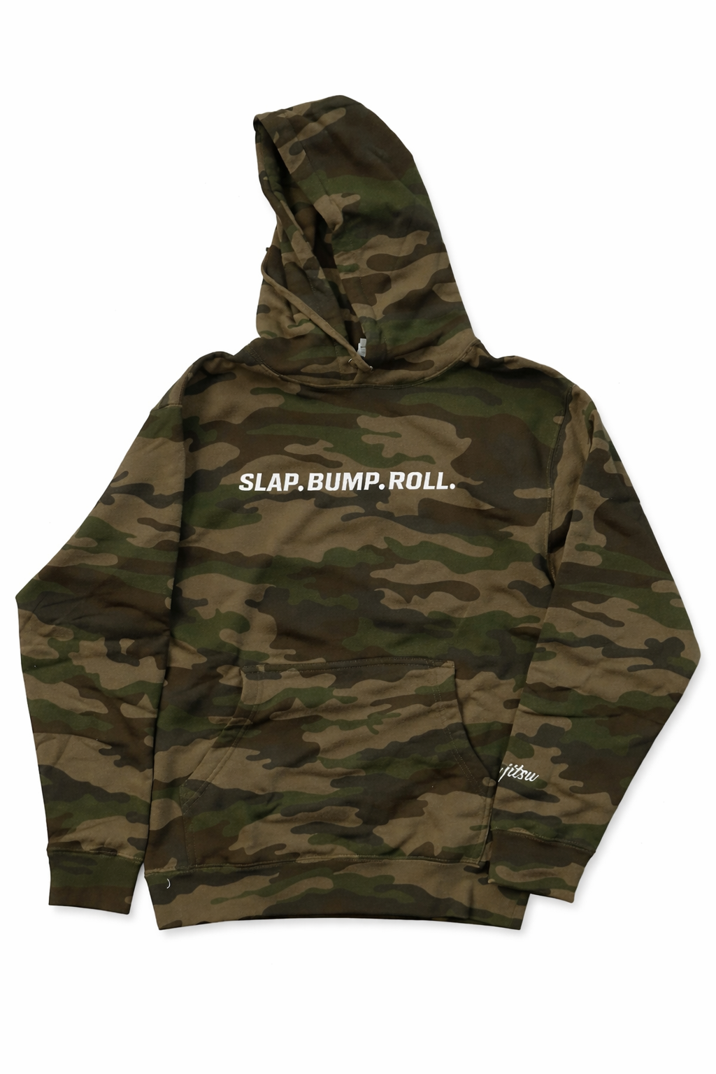 SBR Heavyweight Camo Hoodie in green camouflage, pullover with SLAP.BUMP.ROLL. front print and fleece-lined hood