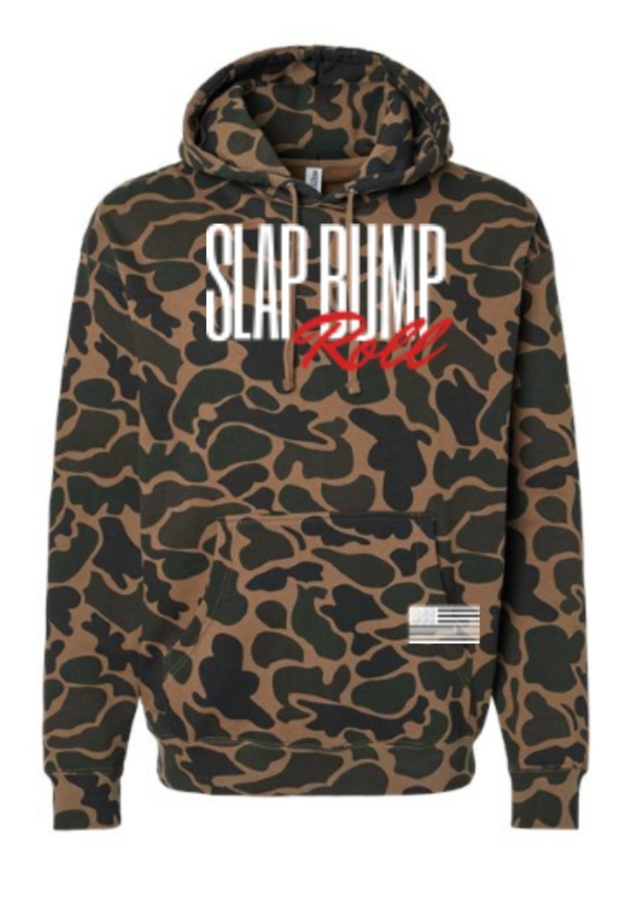 SBR Heavyweight Duck Camo Hoodie in vintage brown duck camouflage with SLAP BUMP ROLL front graphic and American flag accent