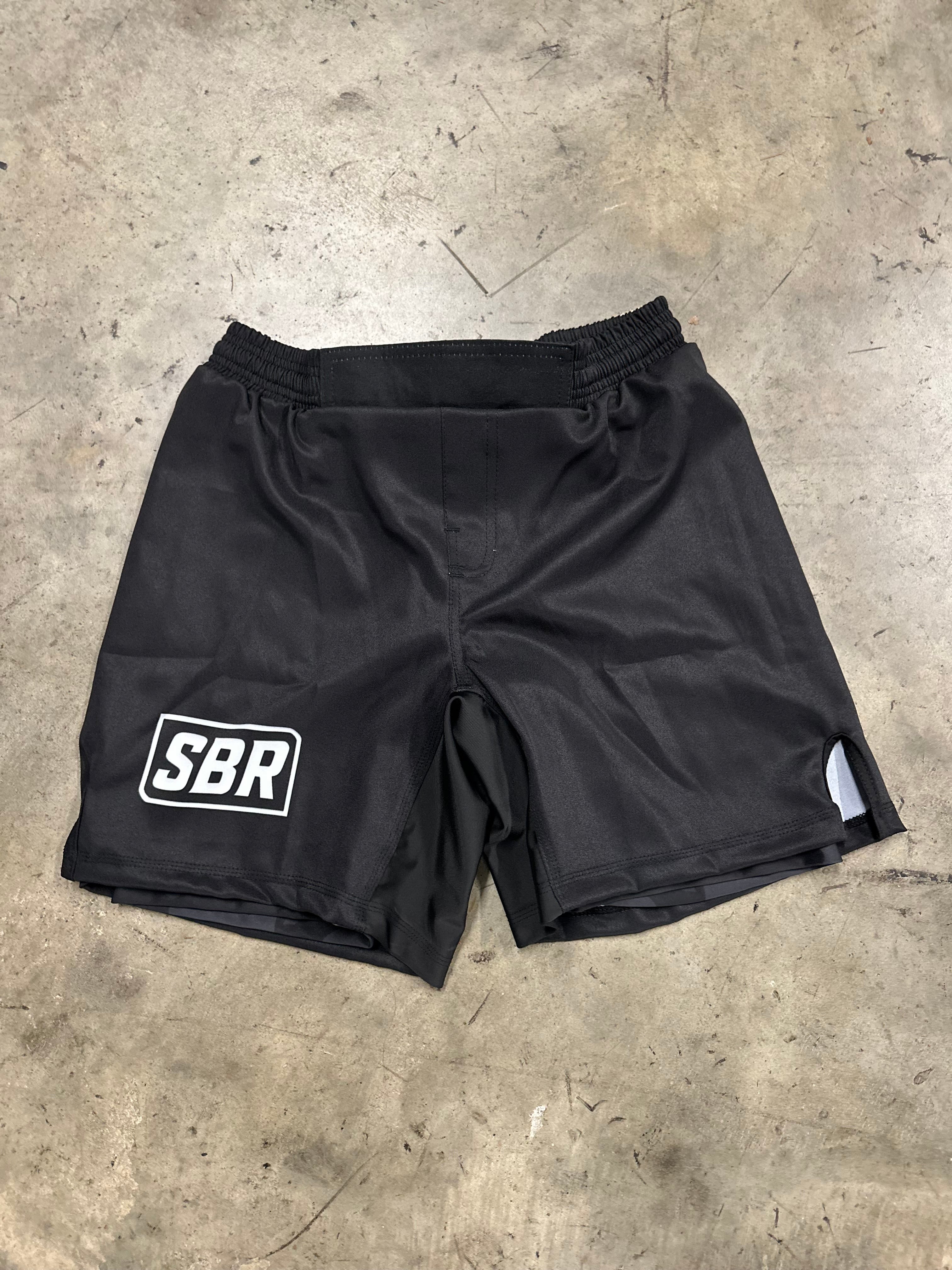 SBR Lined No-Gi Shorts in black with white SBR box logo, BJJ grappling shorts with built-in compression liner