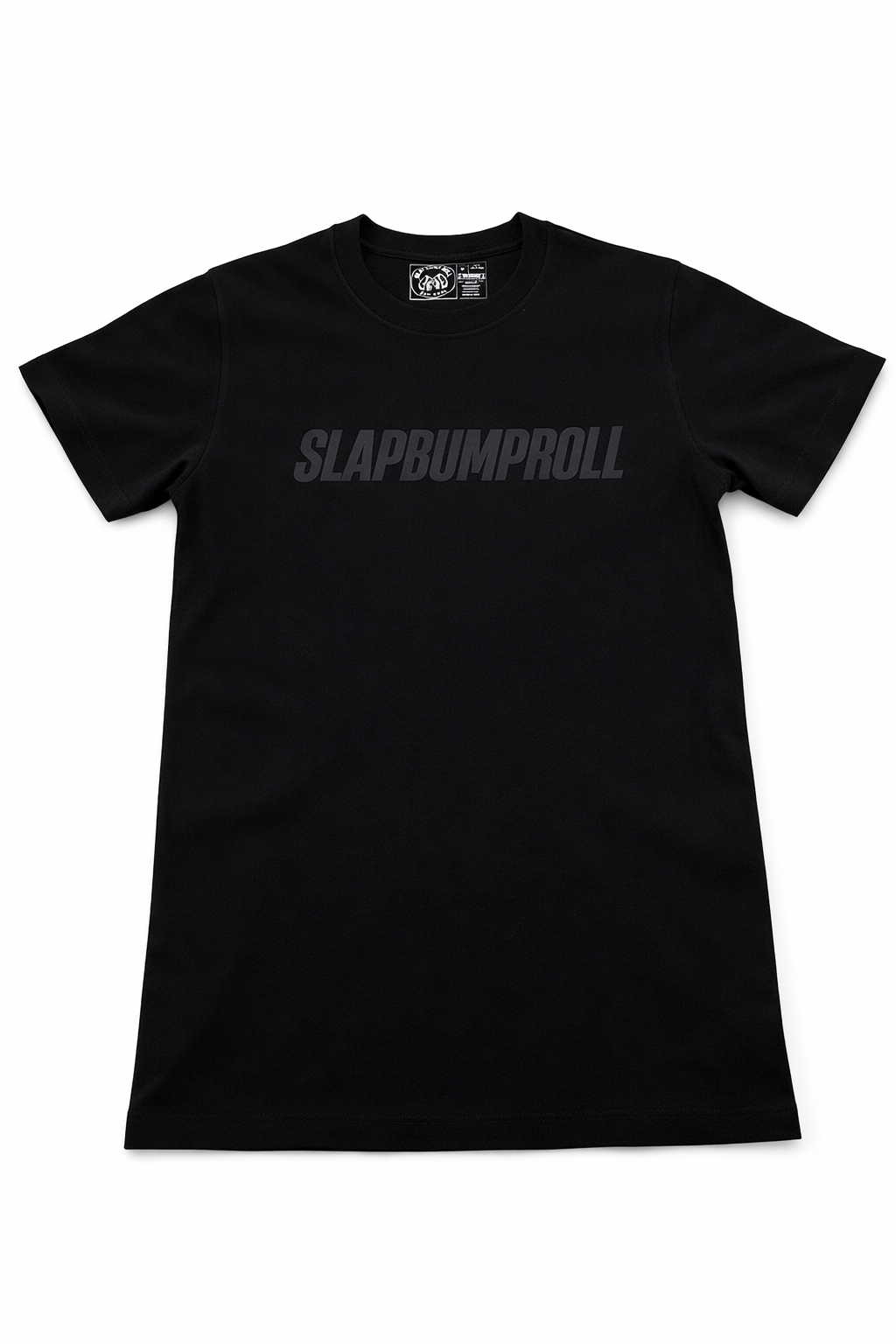 SBR Lux Heavyweight Interlock Tee in black with tonal SLAPBUMPROLL stealth print, premium 210gsm cotton