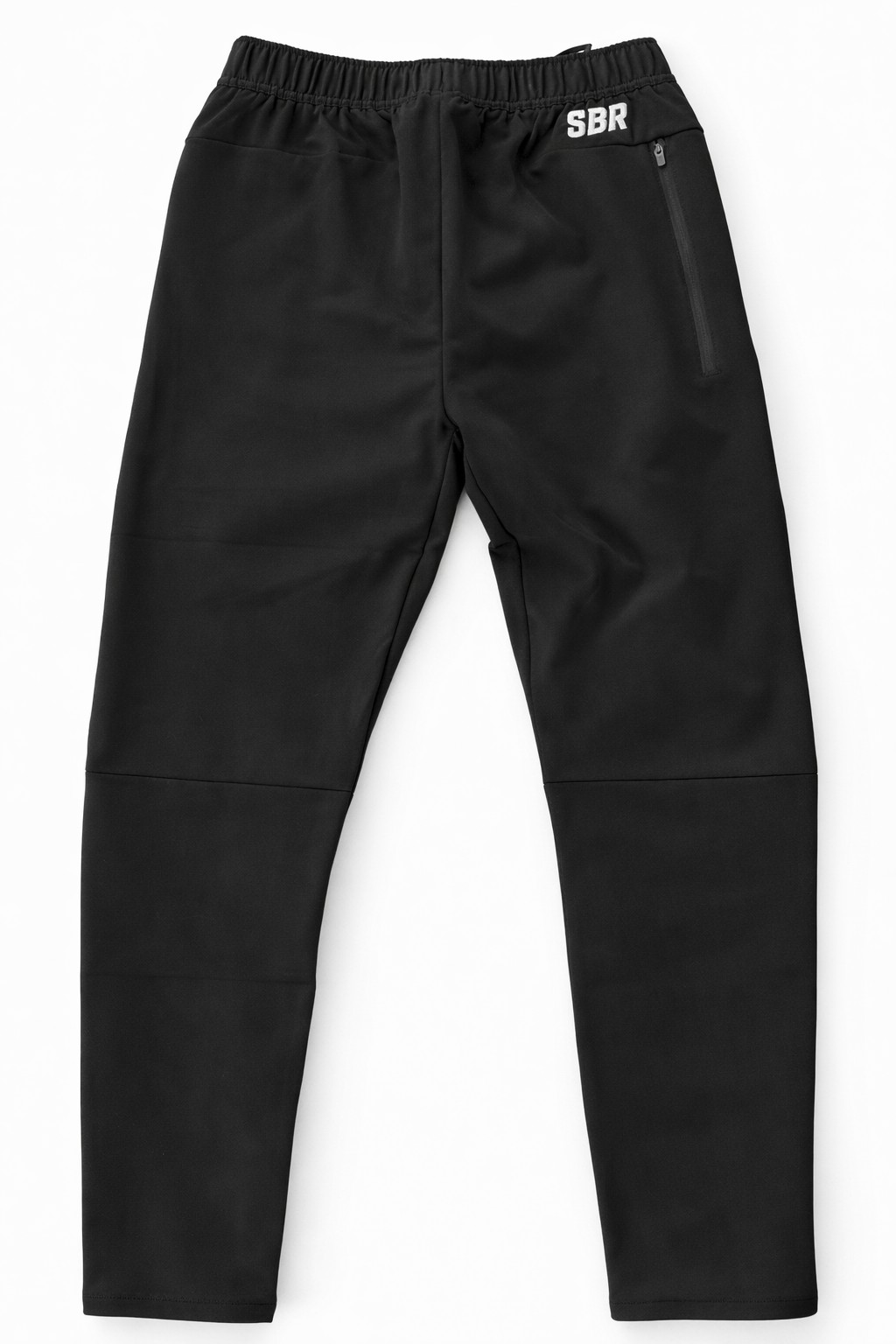 SBR Performance Pants in black with white SBR logo, tapered tri-blend French Terry joggers with zippered pocket