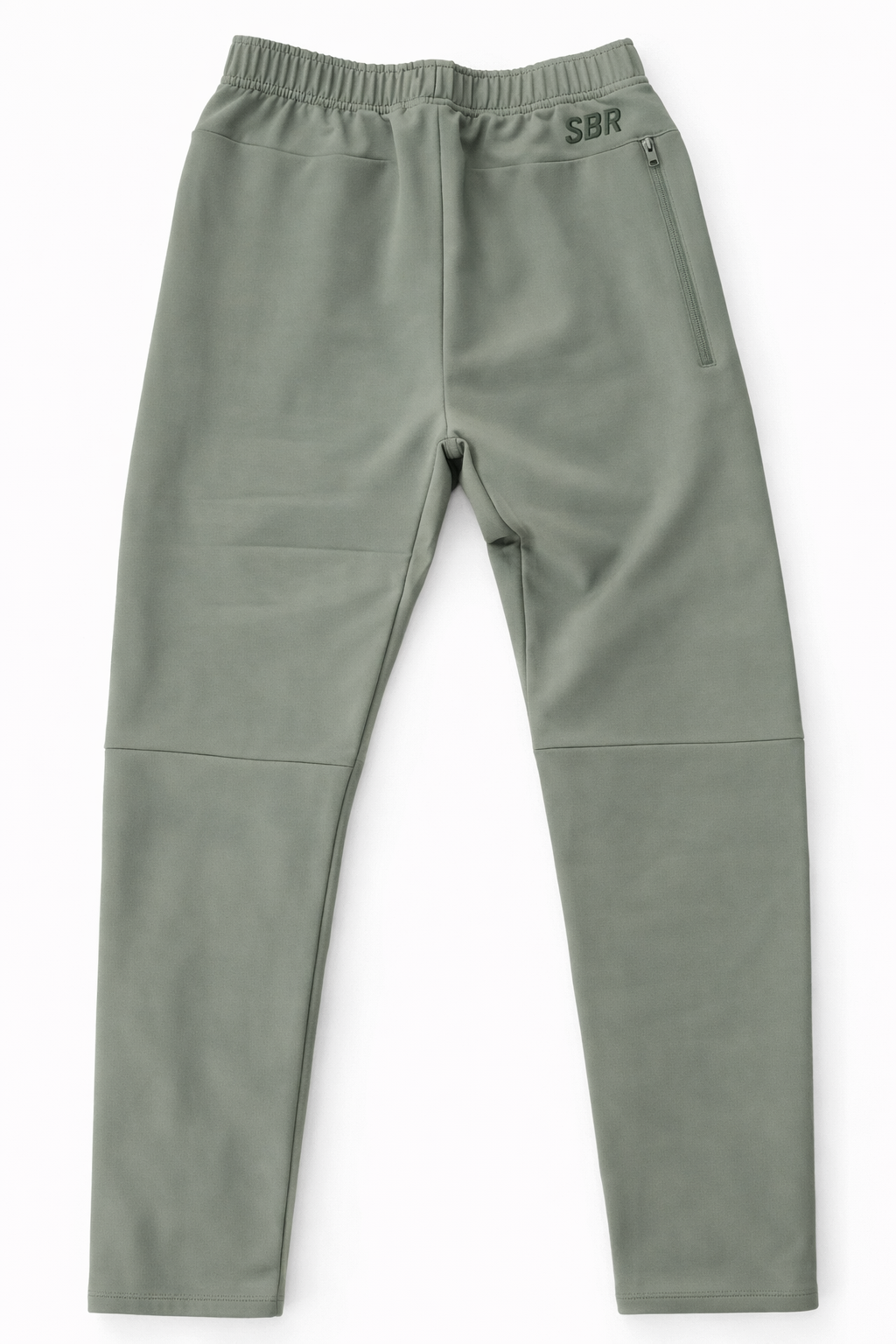 SBR Performance Pants in sage green tri-blend French Terry with tonal SBR logo and zippered side pocket, athletic tapered fit