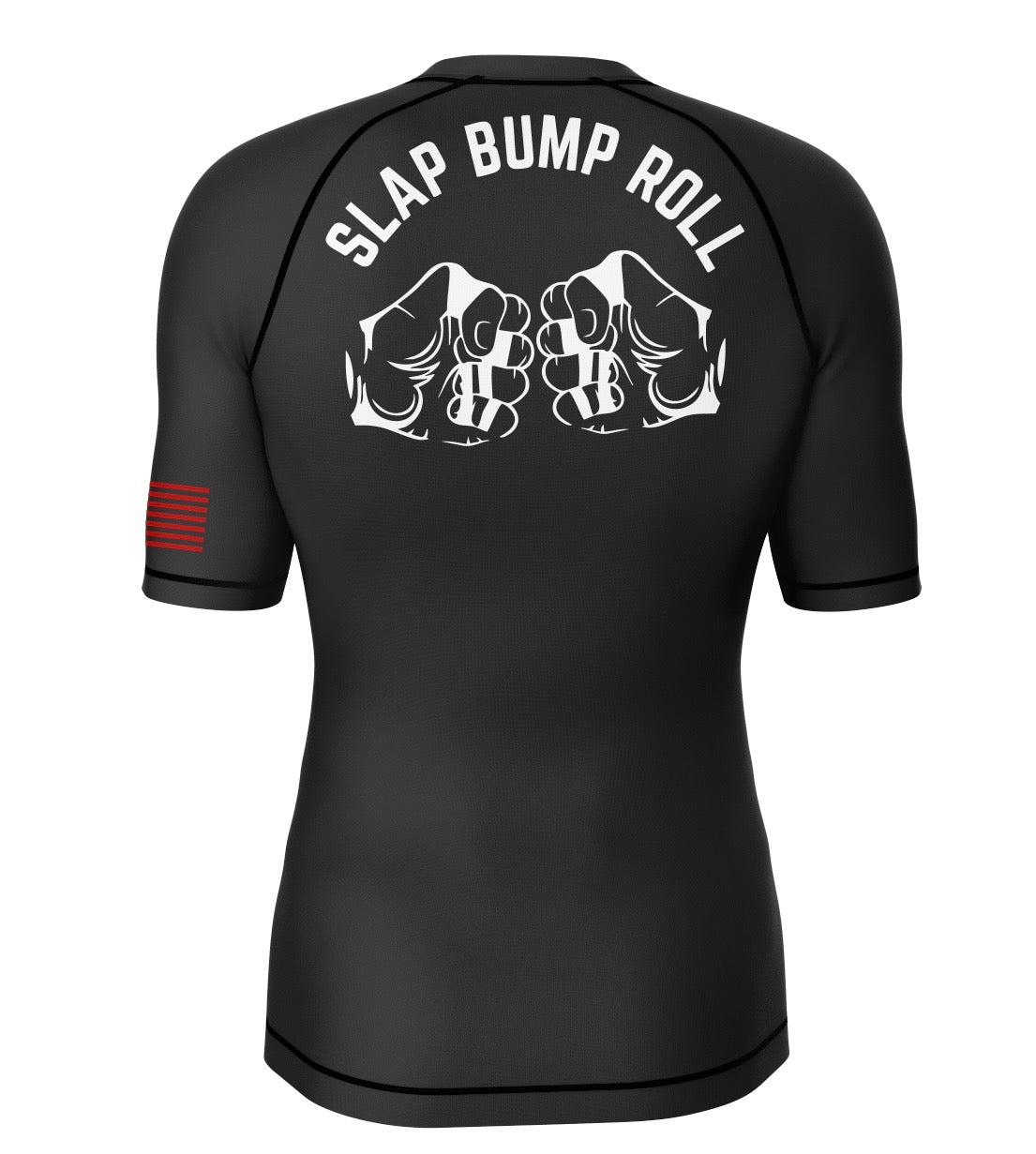 Back of SBR Ranked Rash Guard black belt edition with SLAP BUMP ROLL fist bump graphic