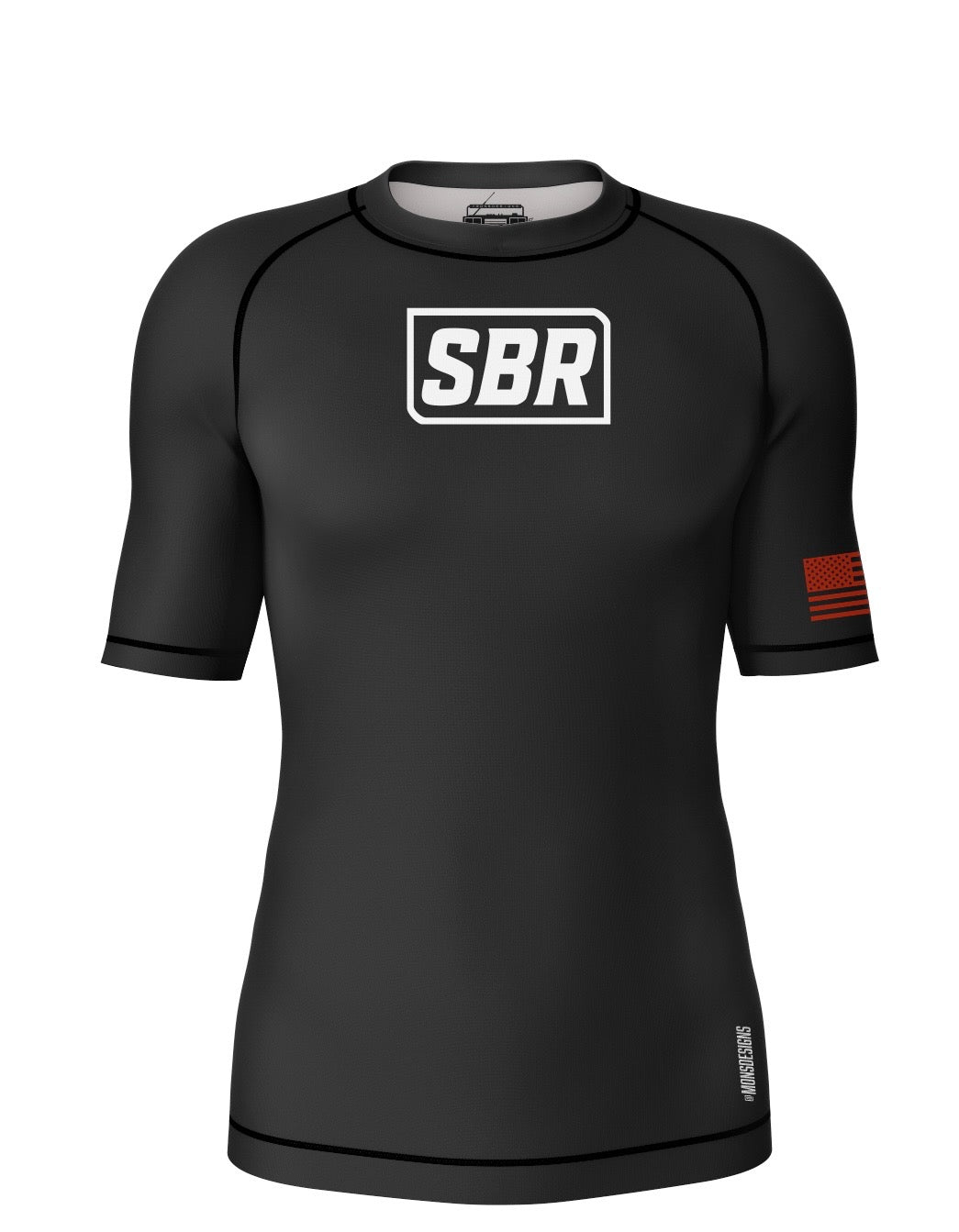 SBR Ranked Rash Guard black belt edition front with SBR box logo, black sleeves and red American flag