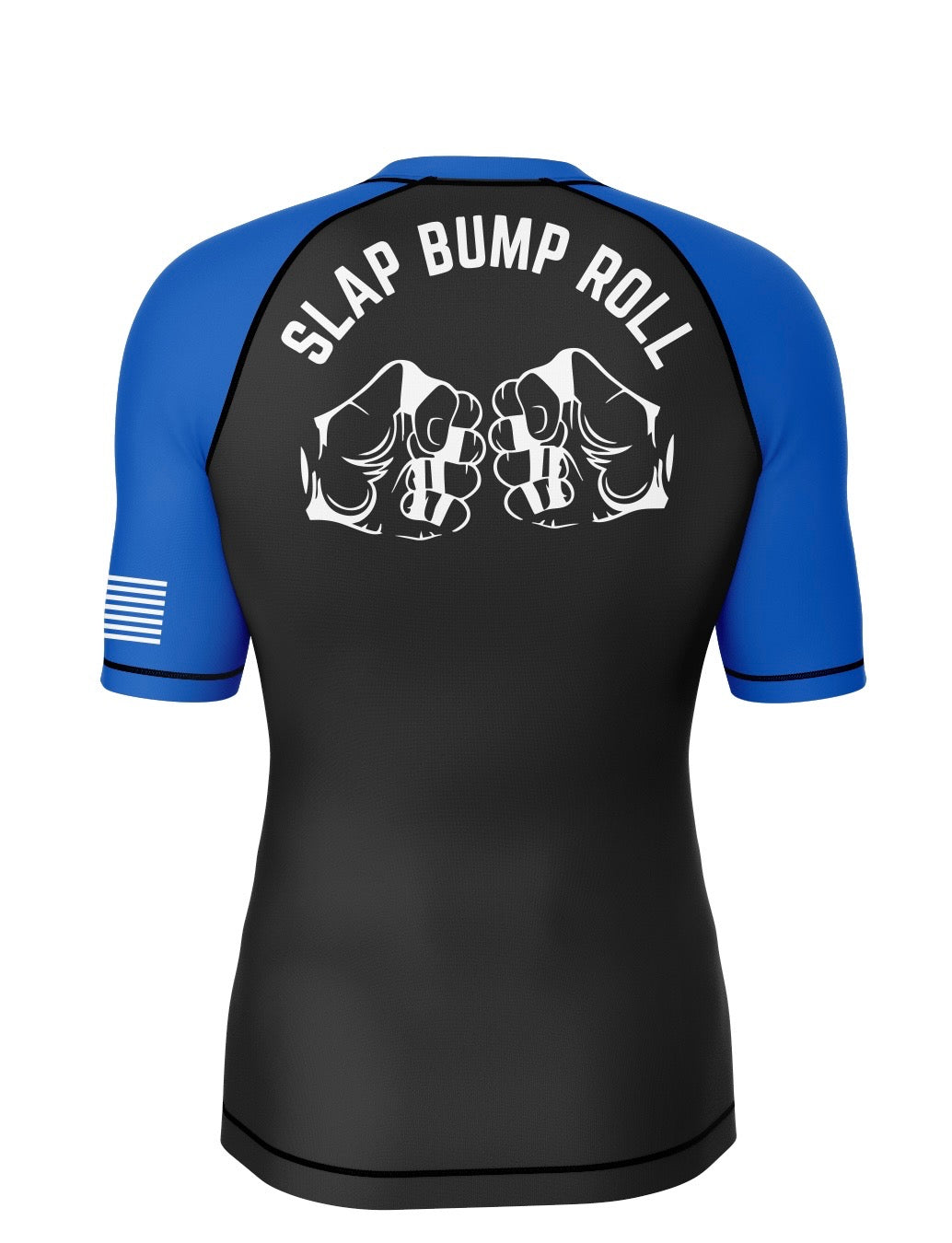 Back of SBR Ranked Rash Guard blue belt edition with SLAP BUMP ROLL fist bump graphic