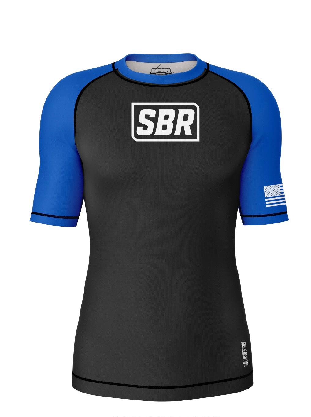 SBR Ranked Rash Guard blue belt edition front with SBR box logo and blue sleeves