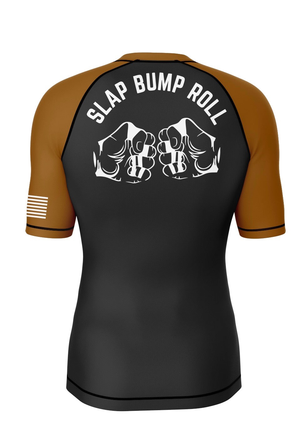 Back of SBR Ranked Rash Guard brown belt edition with SLAP BUMP ROLL fist bump graphic
