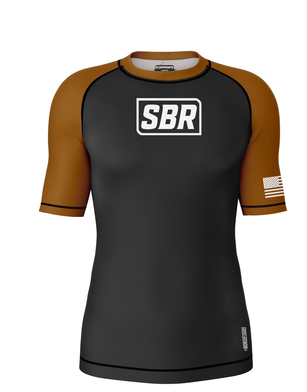SBR Ranked Rash Guard brown belt edition front with SBR box logo and brown sleeves