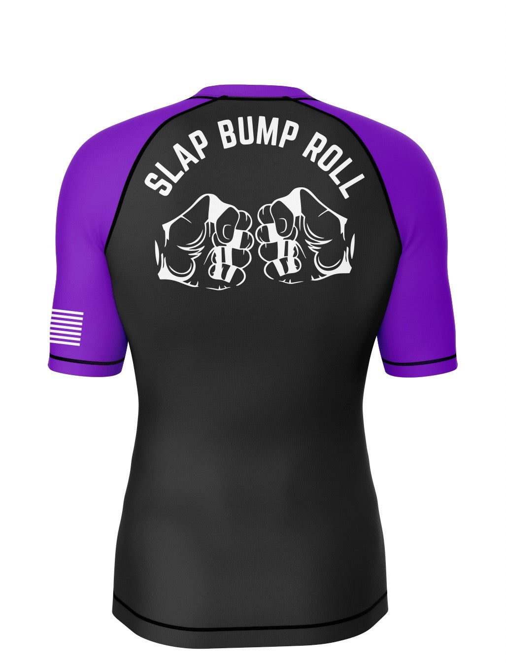 Back of SBR Ranked Rash Guard purple belt edition with SLAP BUMP ROLL fist bump graphic