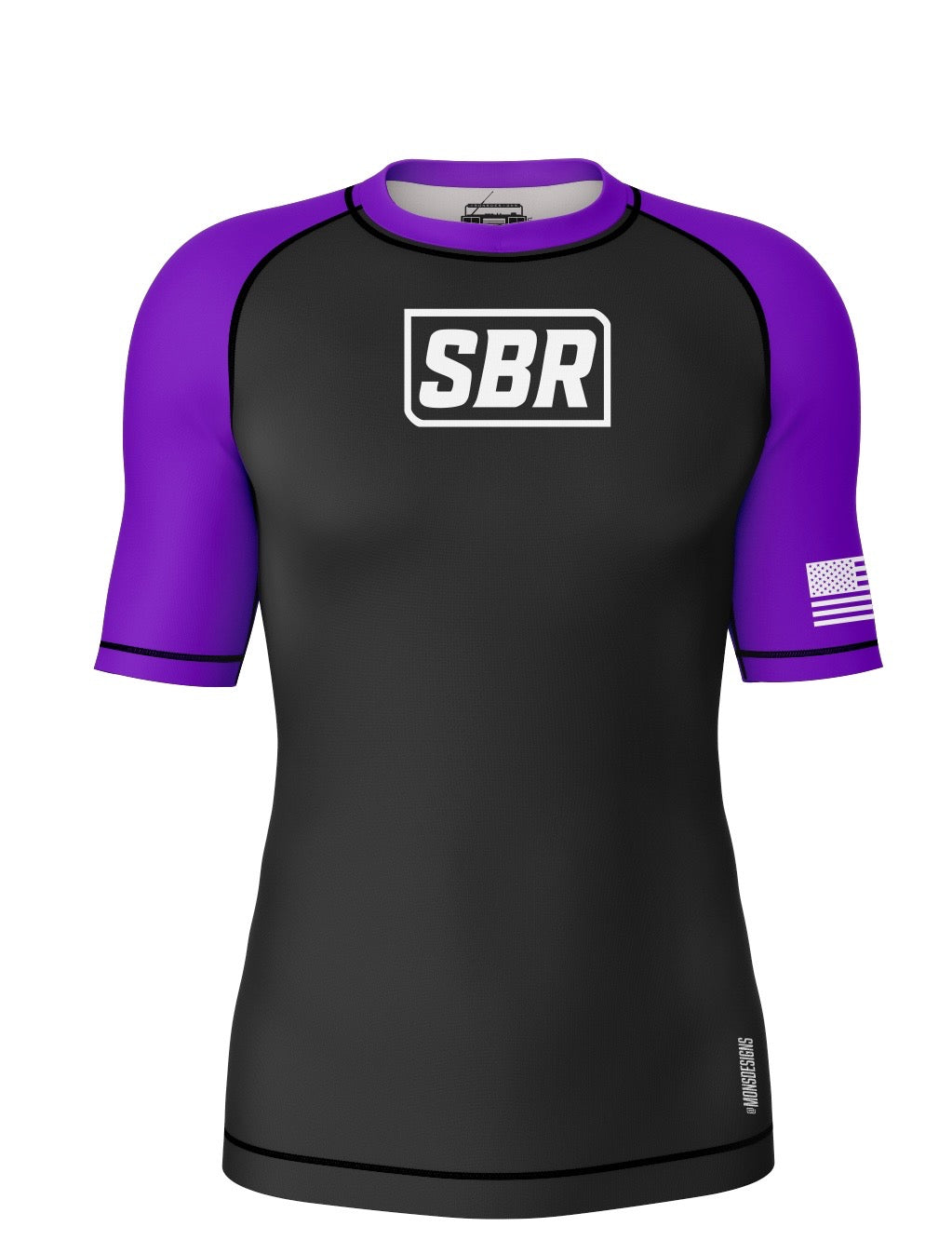 SBR Ranked Rash Guard purple belt edition front with SBR box logo and purple sleeves