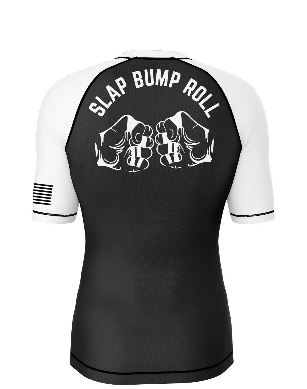 Back of SBR Ranked Rash Guard white belt edition with SLAP BUMP ROLL fist bump graphic

