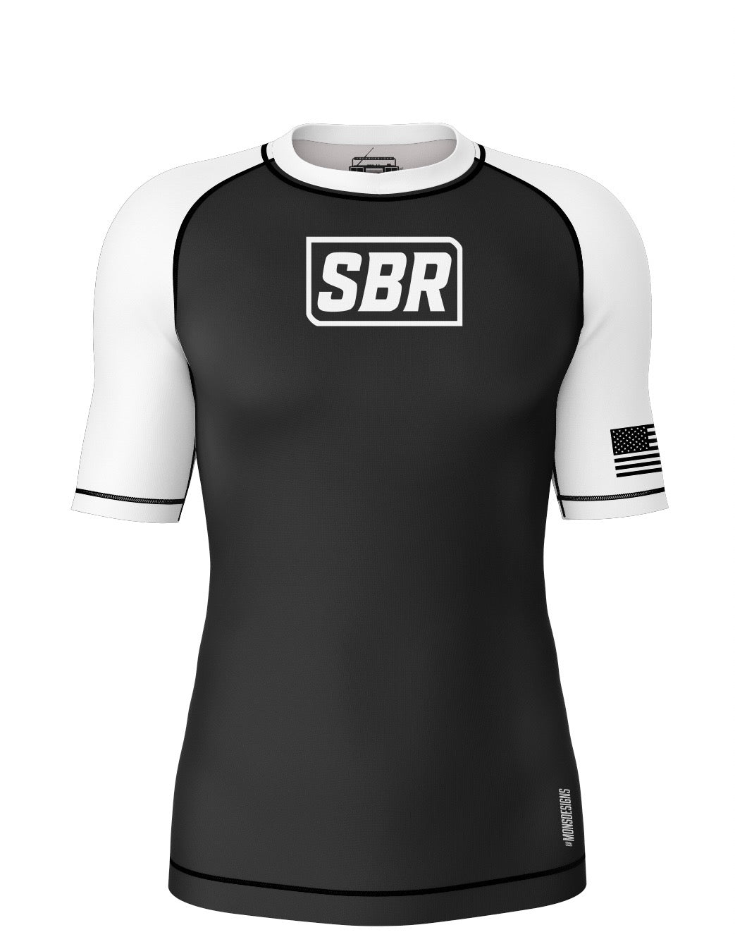 SBR Ranked Rash Guard white belt edition front with SBR box logo and white sleeves, short sleeve BJJ rash guard