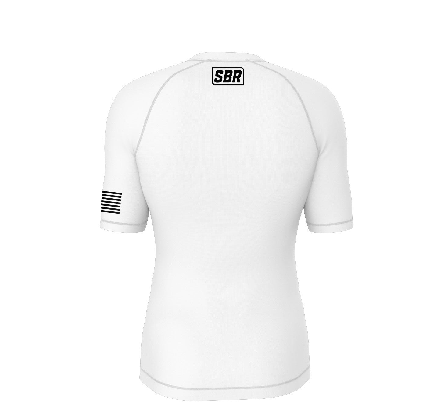 Back of SBR White Rash Guard showing SBR box logo and American flag sleeve, white short sleeve rash guard