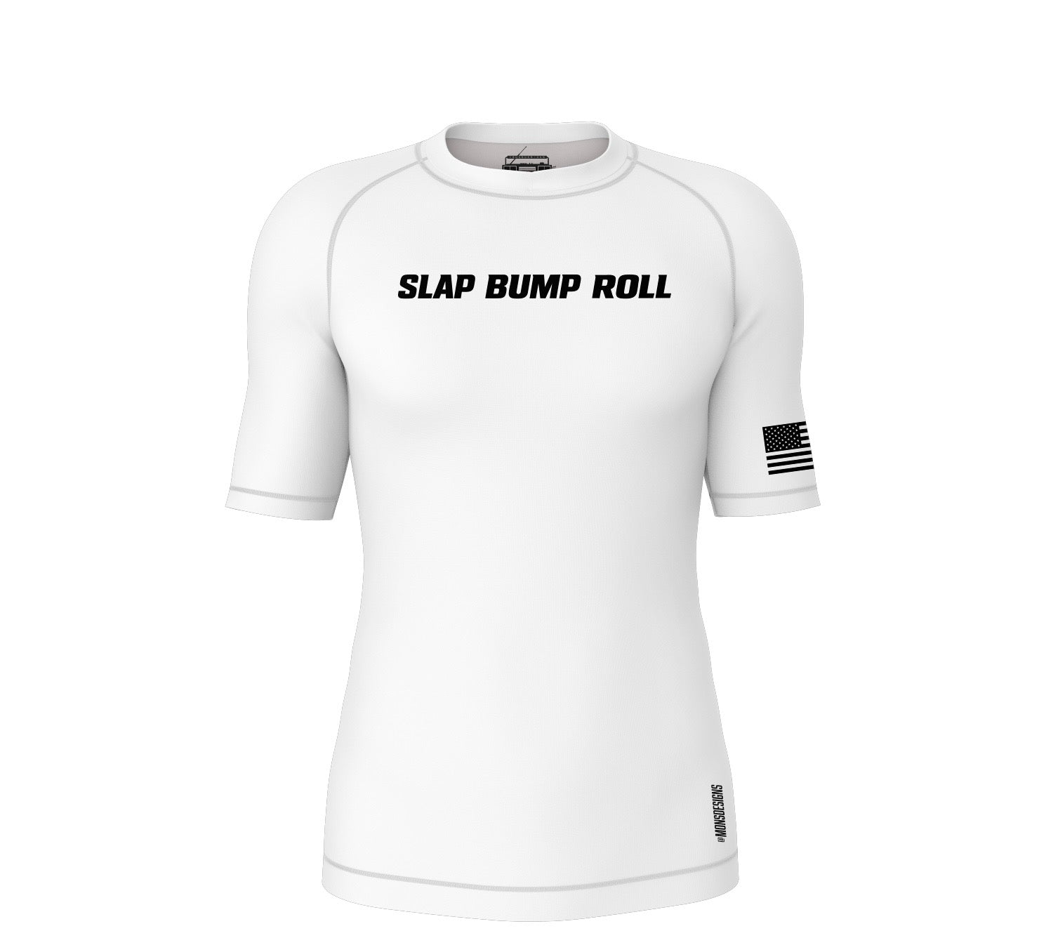 SBR White Clean Cut Rash Guard front with SLAP BUMP ROLL chest print and American flag sleeve, short sleeve BJJ rash guard