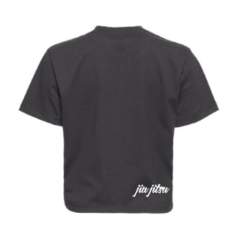 Back of SBR Women's Black Crop Top showing cursive jiu jitsu script detail at the hem in white