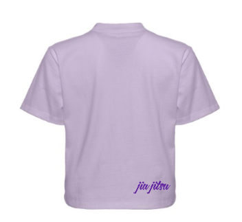 Back of SBR Women's Purple Crop Top showing cursive jiu jitsu script detail at the hem in purple