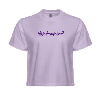 SBR Women's Purple Cotton Crop Top with slap.bump.roll front script in purple, relaxed lavender crop fit
