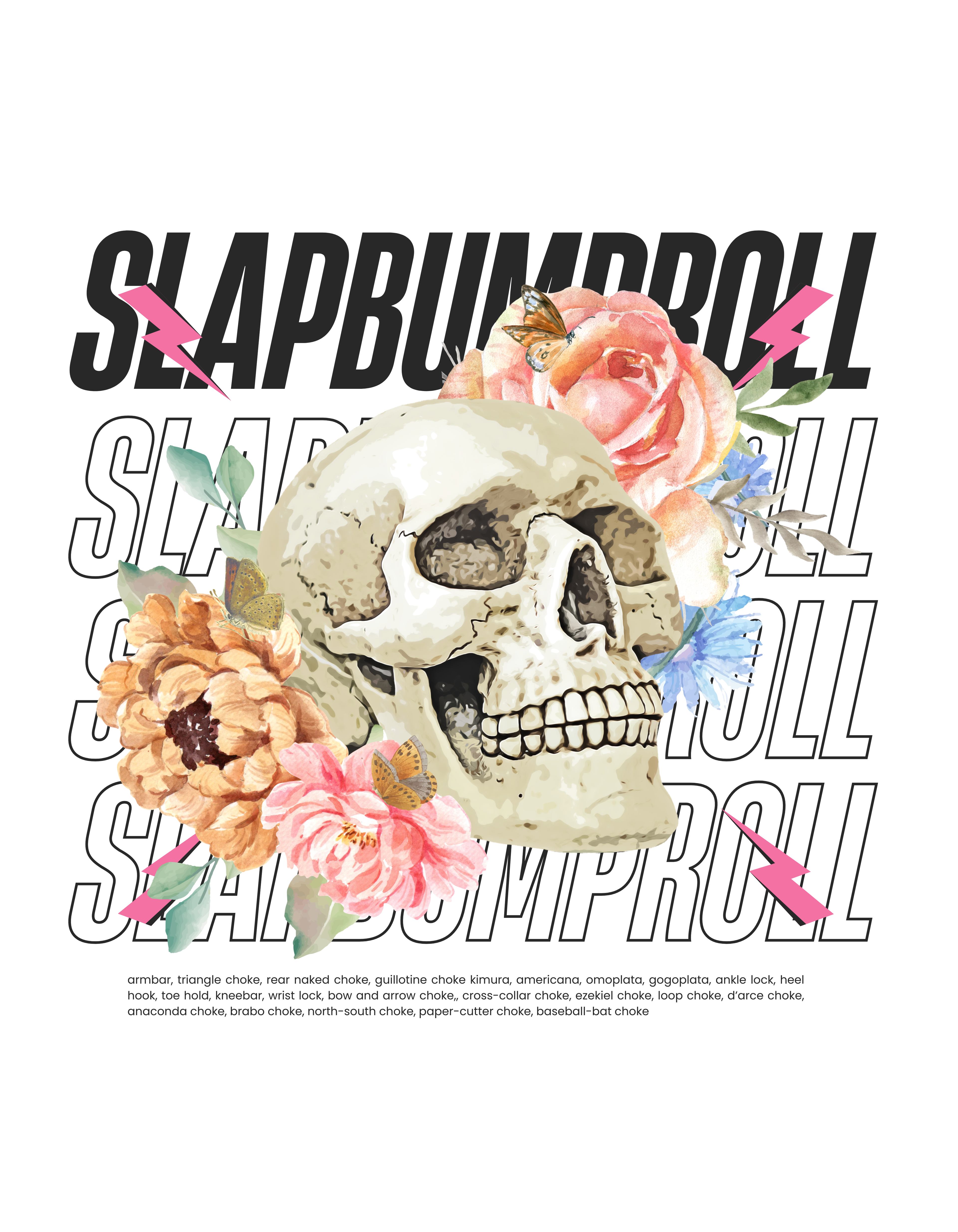 Skull bloom graphic detail with florals, SLAPBUMPROLL text, and hidden jiu jitsu submissions list on SBR crop top