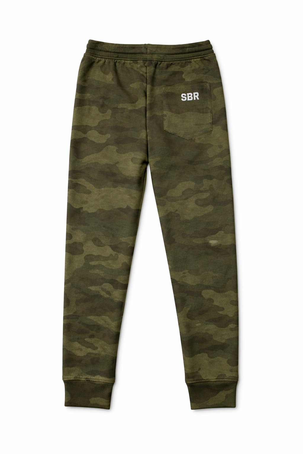 SBR Youth Heavyweight Camo Sweatpants, back view showing white SBR logo on right back pocket and ribbed ankle cuffs