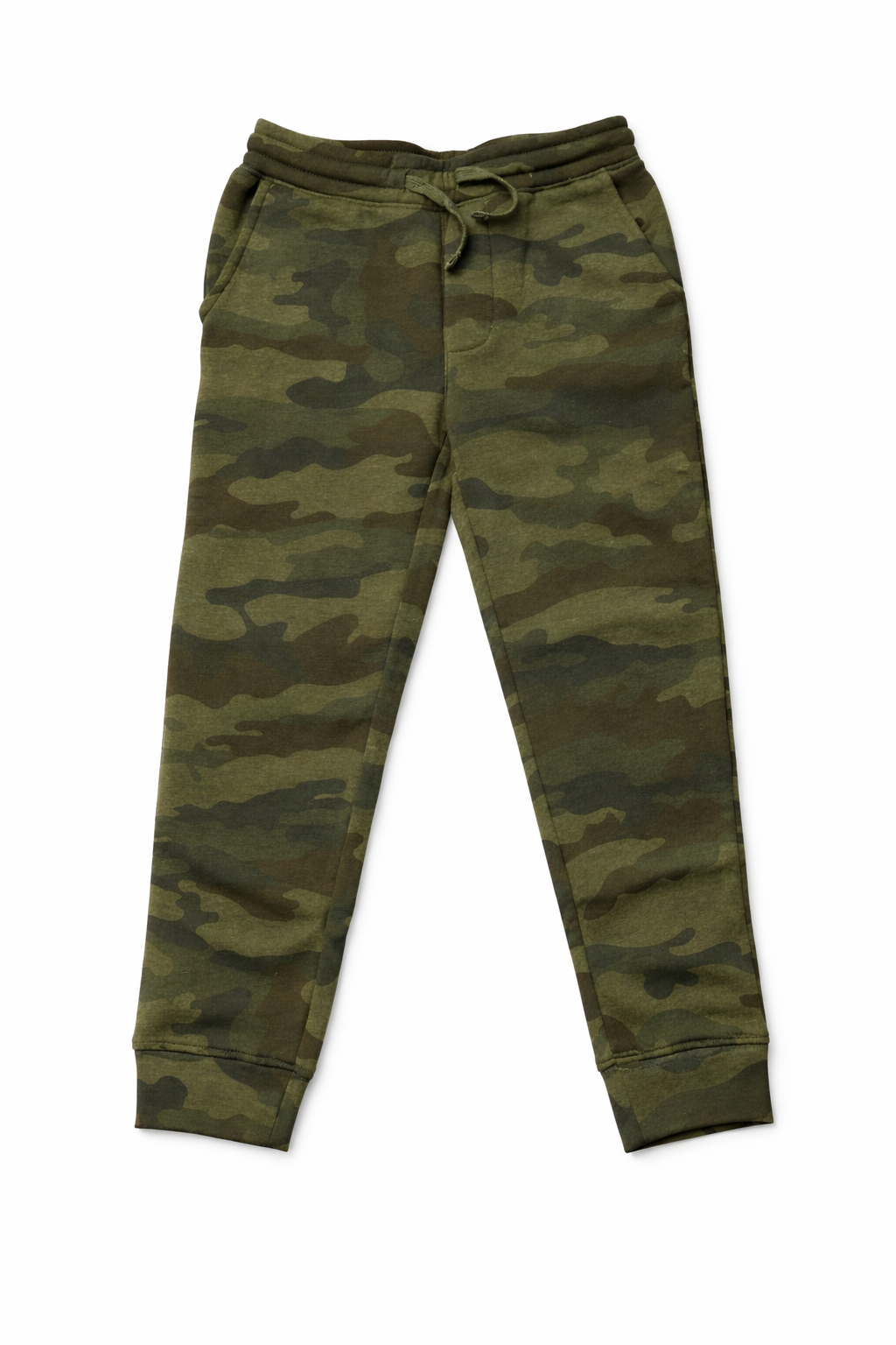 SBR Youth Heavyweight Camo Sweatpants in green camouflage, athletic joggers with drawstring waist and tapered fit