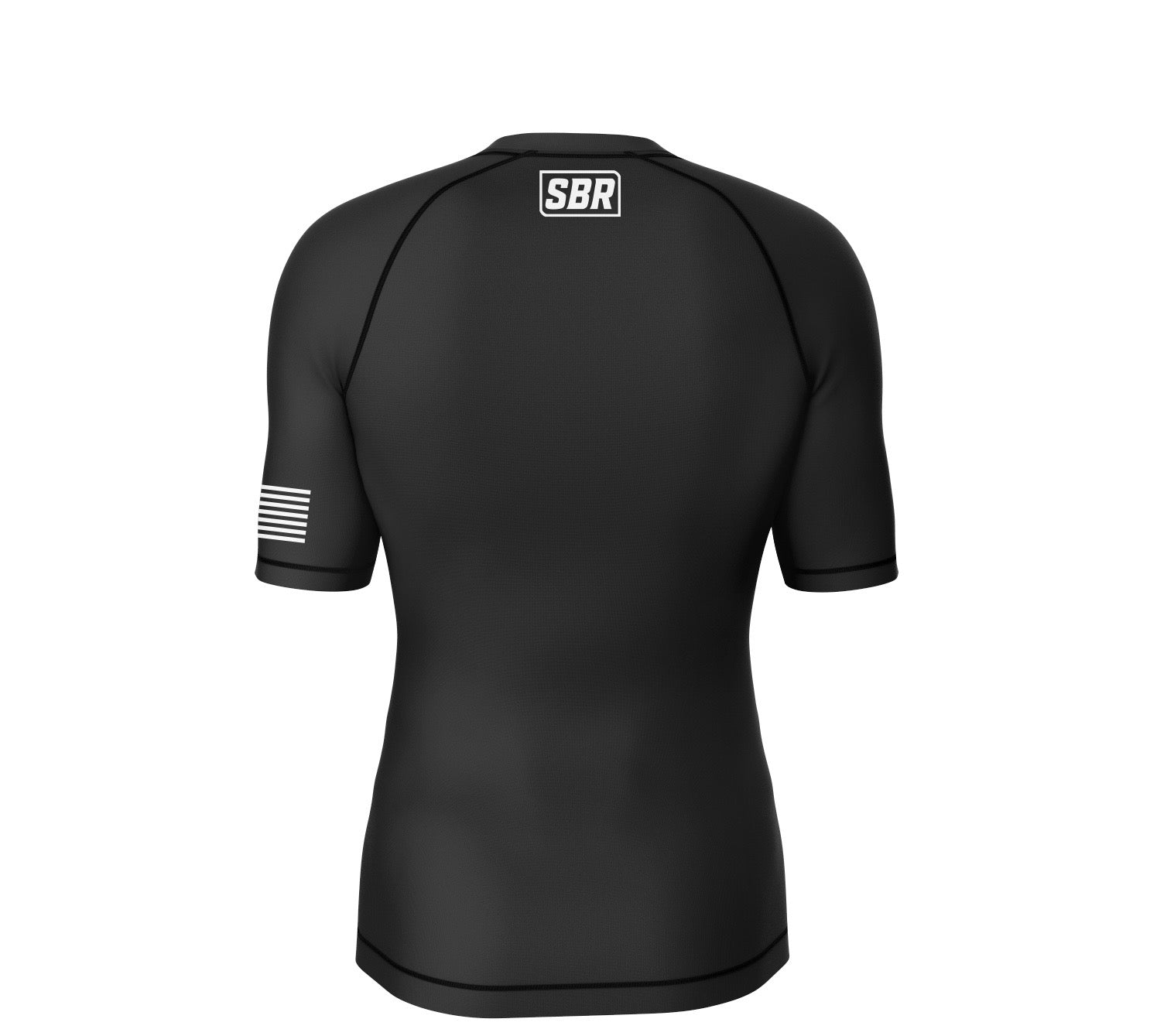 Back of the black Slap Bump Roll jiu jitsu rash guard with the white SBR box logo and flag sleeve detail
