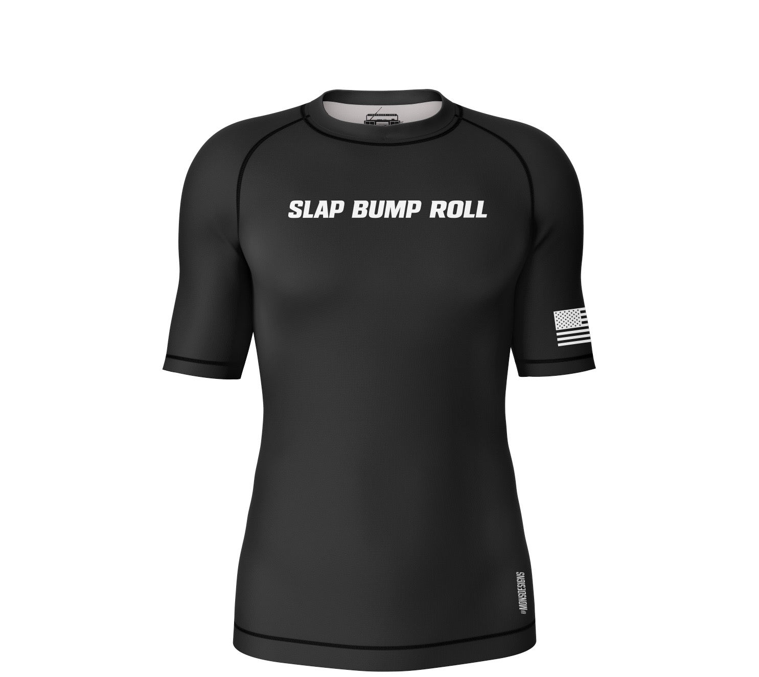 Slap Bump Roll black short-sleeve BJJ rash guard, front with white SLAP BUMP ROLL text and tonal American flag sleeve