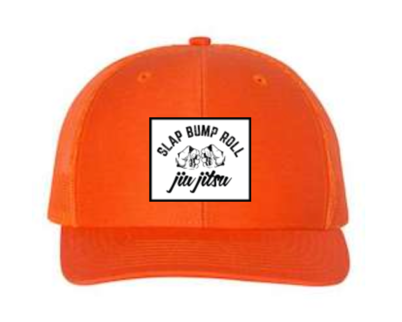 Slap Bump Roll Hunter Hat, blaze orange Richardson 112 trucker with white SBR jiu jitsu patch and embroidered side cross