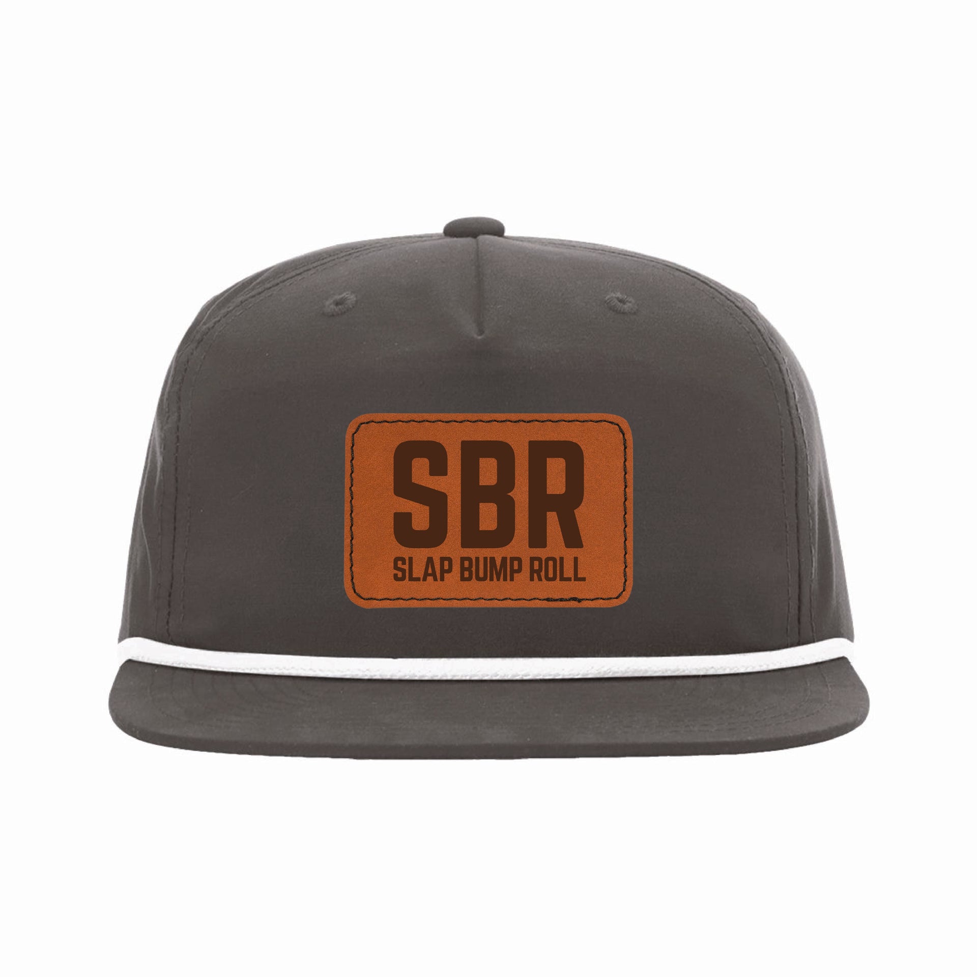 Slap Bump Roll jiu jitsu rope hat in charcoal grey with a tan leather SBR Slap Bump Roll patch and white rope braid