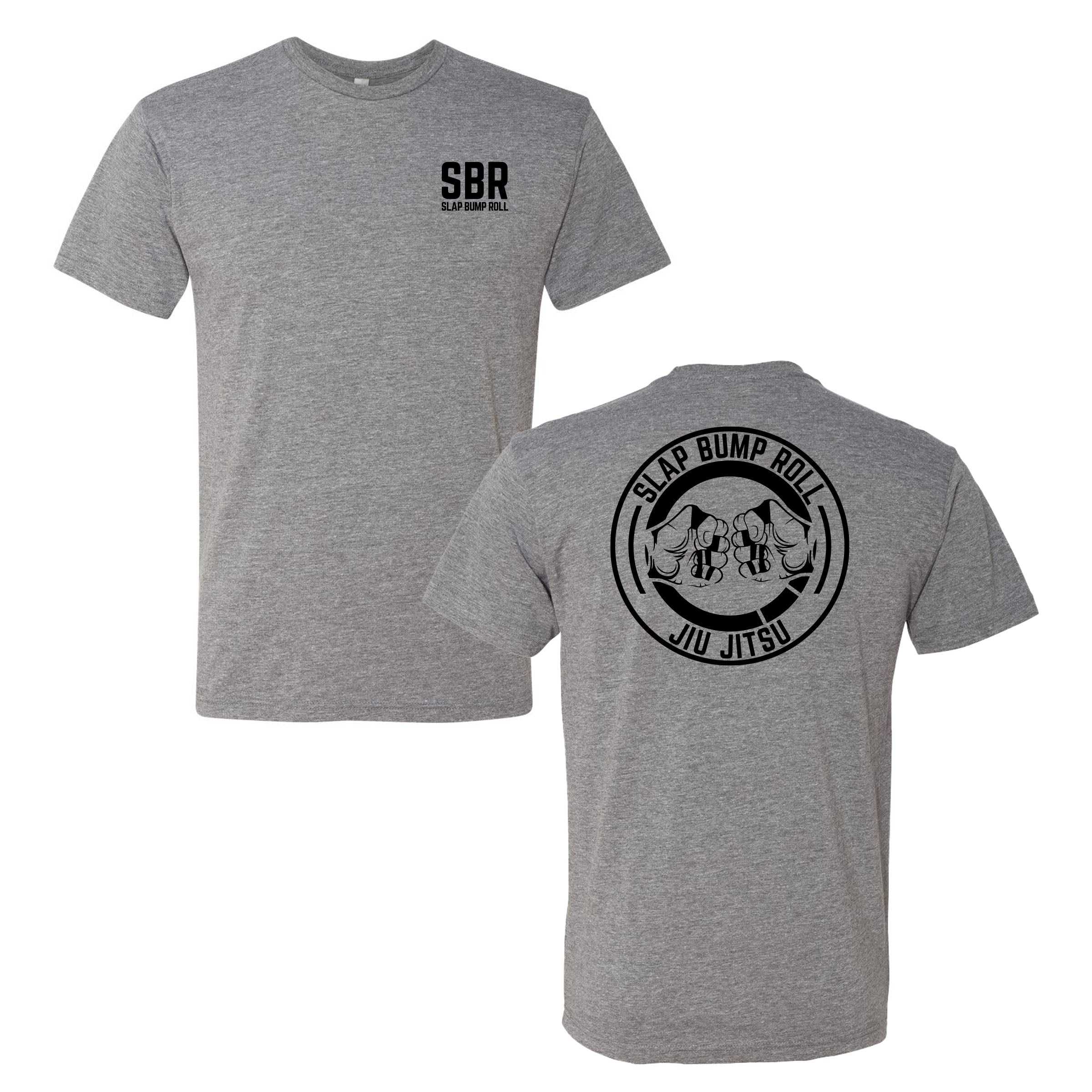 Slap Bump Roll jiu jitsu tee in heather grey, front SBR wordmark and back SLAP BUMP ROLL fist-bump mat tap logo