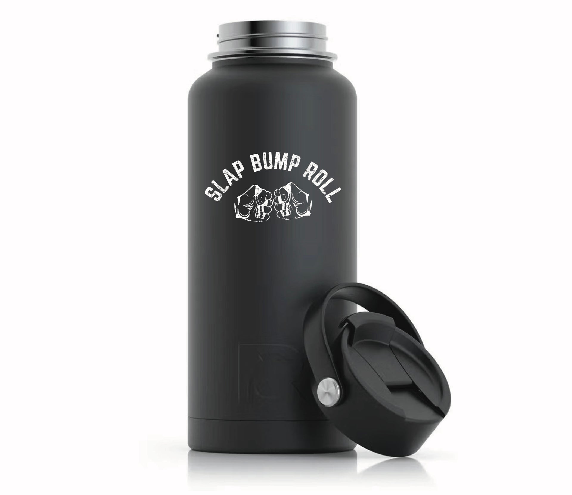 Matte black 32oz Slap Bump Roll jiu jitsu water bottle in RTIC stainless steel with engraved SLAP BUMP ROLL fist-bump logo
