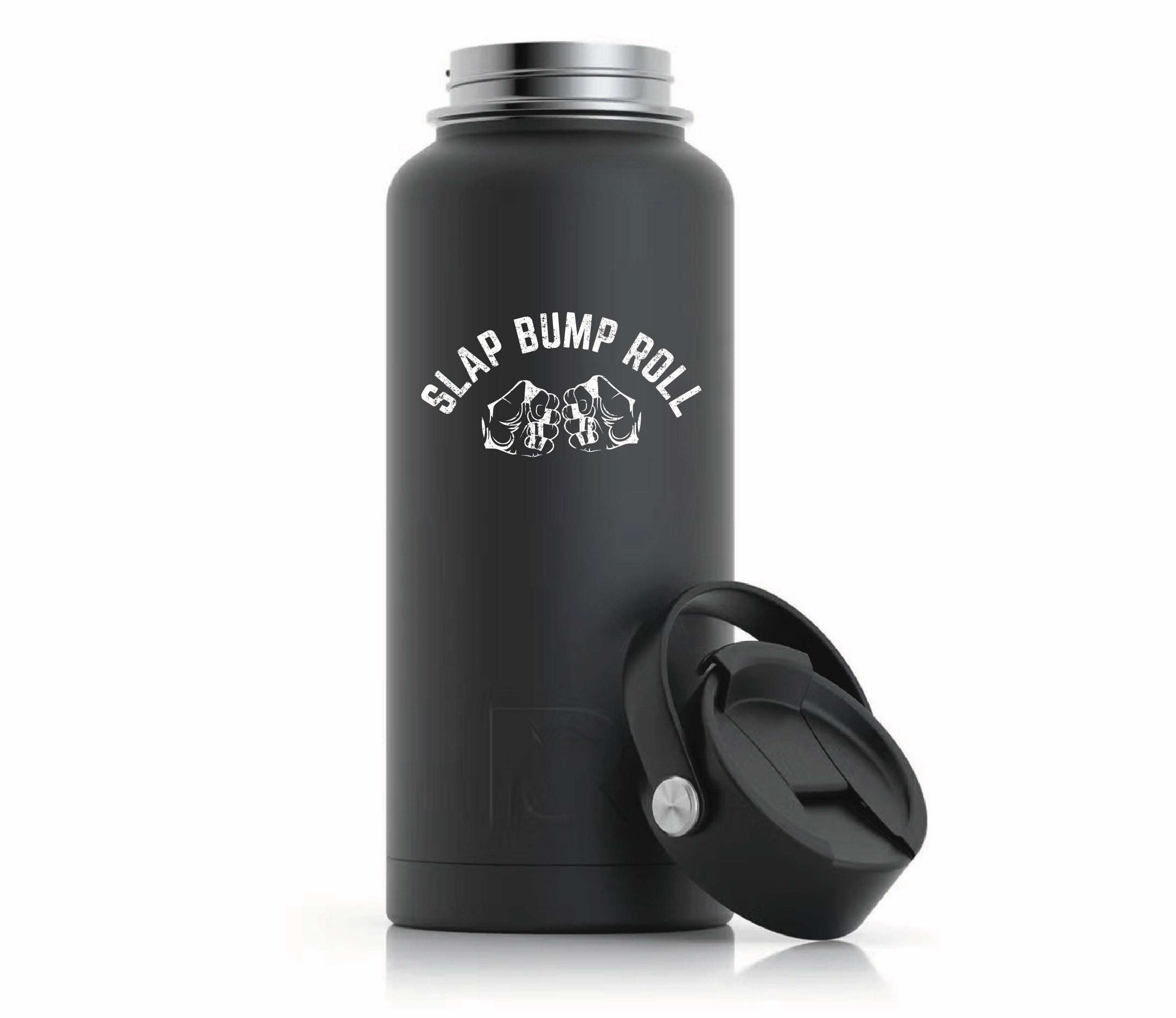 Matte black 32oz Slap Bump Roll jiu jitsu water bottle in RTIC stainless steel with engraved SLAP BUMP ROLL fist-bump logo
